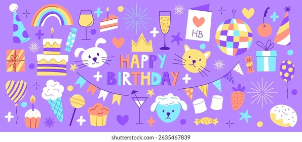 Happy birthday party icon. Element cake, gift, animal faces. Doodle retro, cute invitation design. Sweet vintage sticker, childish label, anniversary present. Vector illustration of garish celebration