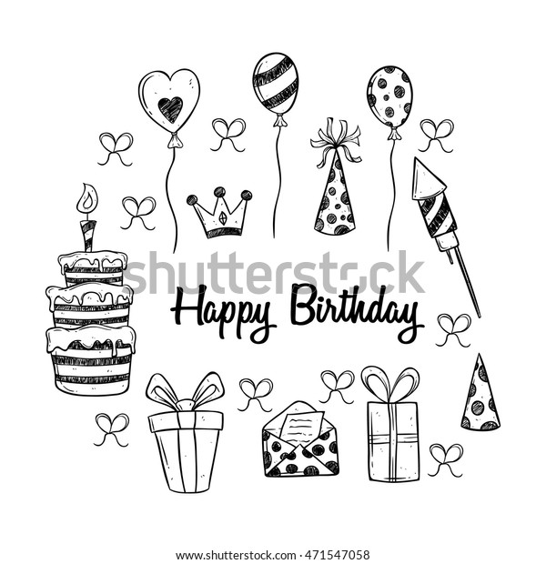 Happy Birthday Party With Icons Set Using Doodle Or Hand Drawing Style