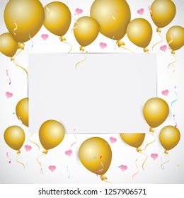 Happy birthday party invitation card with balloons, gifts and love background. Vector Illustration