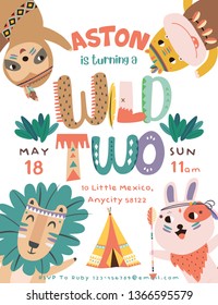 Happy birthday party invitation card with cartoon tribal animals. Vector illustration - Vector