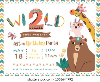 Happy birthday party invitation card with cartoon tribal animals. Vector illustration - Vector