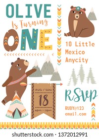 Happy birthday party invitation card with cartoon tribal animals. Vector illustration - Vector