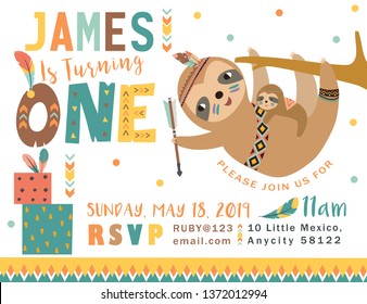 Happy birthday party invitation card with cartoon tribal animals. Vector illustration - Vector