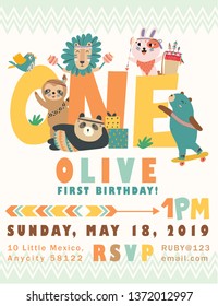 Happy birthday party invitation card with cartoon tribal animals. Vector illustration - Vector