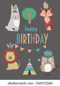 Happy birthday party invitation card with cartoon tribal animals. Vector illustration