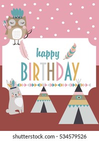 Happy birthday party invitation card with cartoon tribal animals. Vector illustration