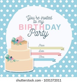 happy birthday party invitation with floral decoration and cake
