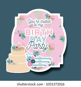 happy birthday party invitation with floral decoration and cake