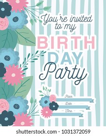 happy birthday party invitation with floral decoration