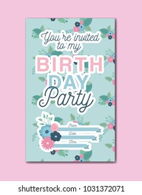 happy birthday party invitation with floral decoration