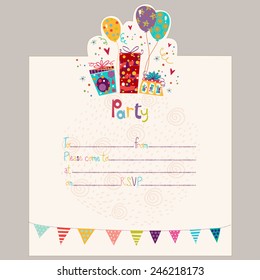 Happy Birthday or party invitation with gifts and balloons in bright colors in vector.