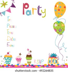 Happy Birthday or party invitation with gifts and balloons in bright colors in vector.