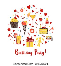 Happy birthday party invitation on white background. Hand drawn doodle vector set with cake, cupcake, drinks. Isolated vector objects. 