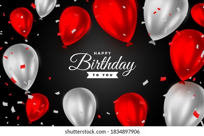 Happy birthday party invitation in red and white shiny balloons black background. Celebration vector illustration.