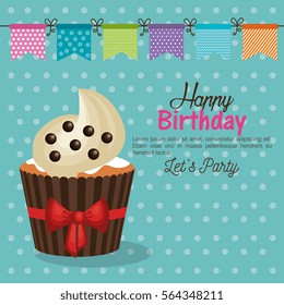 happy birthday party invitation with sweet cupcake