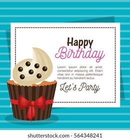 happy birthday party invitation with sweet cupcake