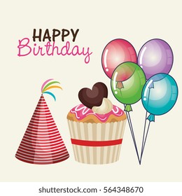 happy birthday party invitation with sweet cupcake