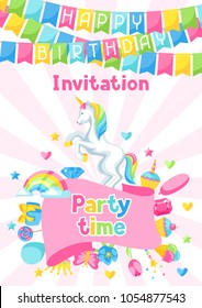 Happy birthday party invitation with unicorn and fantasy items.