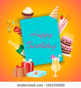 Happy birthday party invitation vector illustration. Birthday cake with colorful gift boxes, champagne wine, confetti and drinks on orange gradient background.