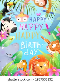 Happy birthday party with jungle animals celebrating, pencil birthday writing. African Zoo and safari animals birthday greeting card for children. Kids vector cartoon illustration in watercolor style.