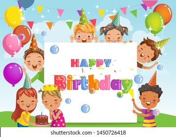 
Happy birthday party. kids are playing and laughing, together happily. Design empty space for message and text. Boys and girls party celebration. illustration surprise with gifts from friends.