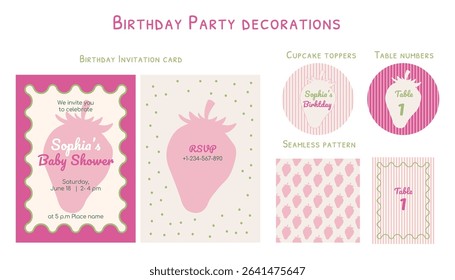 Happy Birthday party kids set in whimsical style with Birthday Invitation card template, Cupcake Toppers, seamless digital paper, table numbers card. Pink hand drawn strawberry fruit illustration