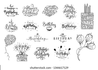 Happy Birthday party lettering design. Set of  calligraphy quote isolated on white background. Hand drawn birthday cake with candles, balloons. Vector illustration