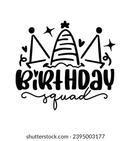 Happy Birthday party lettering design. Set of calligraphy quote isolated on white background. Hand drawn birthday cake with candles, balloons. Vector illustration