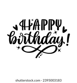 Happy Birthday party lettering design. Set of calligraphy quote isolated on white background. Hand drawn birthday cake with candles, balloons. Vector illustration