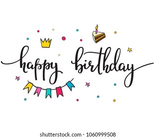 Happy Birthday Party lettering sign quote typography set. Calligraphy design for postcard poster graphics. Simple vector brush sign card colored element. Decor confetti flag cake balloon