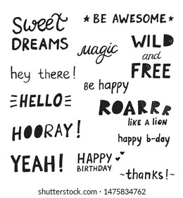 Happy Birthday Party lettering sign quote typography set. Calligraphy design for postcard poster graphics. Simple vector brush sign