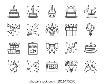 Happy Birthday Party line icon set. Included the icons as celebration, anniversary, party, congratulation, cake, gift, decoration and more.