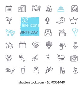 Happy Birthday Party line icon set. Vector illustration