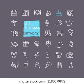 Happy Birthday Party line icon set. Vector illustration