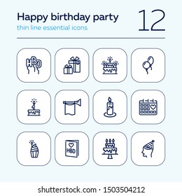 Happy birthday party line icon set. Cake, balloon, gift, candle. Celebration concept. Can be used for topics like holiday, surprise, congrats