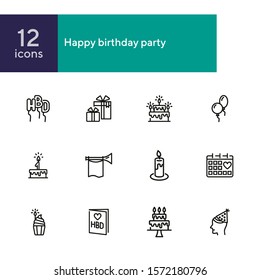 Happy birthday party line icon set. Cake, balloon, gift, candle. Celebration concept. Can be used for topics like holiday, surprise, congrats