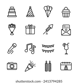 Happy Birthday Party line icon set. Included the icons as celebration, anniversary, party, congratulation, cake, gift, decoration and more. Isolated on white bacground. vector illustration