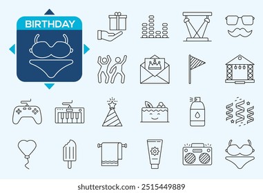 Happy Birthday Party line icon set. celebration, anniversary, congratulation, cake, gift, decoration Flowers, Karaoke, Dj Masquerade Holidays icon vector symbol logo illustration line editable stroke