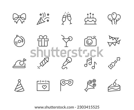 Happy Birthday Party line icon set. celebration, anniversary, congratulation, cake, gift, decoration Flowers, Karaoke, Dj Masquerade Holidays icon vector symbol logo illustration line editable stroke 