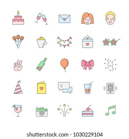 Happy birthday party multicolored vector big outline icon set. Clear and simple design.