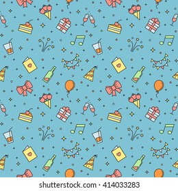 Happy birthday party multicolored vector seamless pattern. Modern outline minimalistic design.