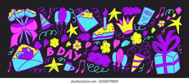 Feliz aniversário partido neon marcadores desenhados set. Celebração Bday doodle isolado no fundo escuro. Presente, flores e bolos com balões para festas. O vetor rabisca a ilustração dos elementos por lápis.