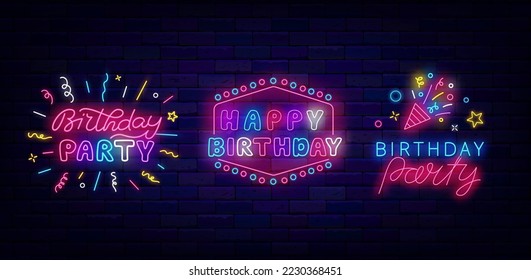 Happy Birthday party neon signs collection. Happy B-Day celebration. Confetti and frame. Holiday event with firework. Invitation design set on brick wall. Luminous labels pack. Vector illustration