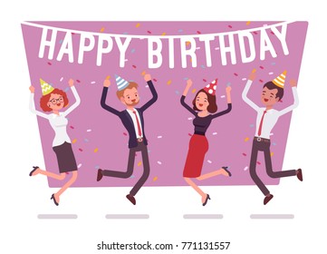 Happy Birthday Party In Office. Festive Gathering Of Company Employees At Coworker Birth Anniversary, Celebrating Excited At Corporate Event, Vector Business Concept Flat Style Cartoon Illustration