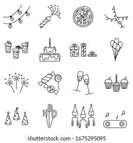 Happy Birthday Party outline vector icon set isolated on white. Festive icons of Birthday cake with candles, cupcakes, sparklers and balls with champagne.