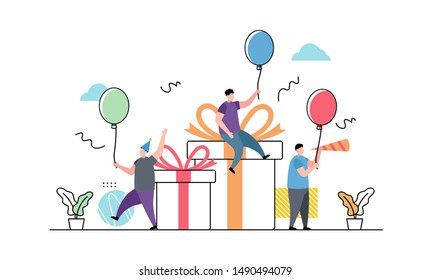 Happy birthday party people hold balloons flat vector illustration concept can be used for landing page, ui, web, app intro card, editorial, flyer, and banner.