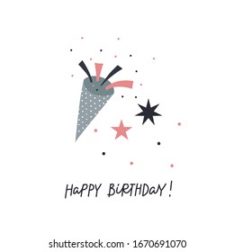 Happy Birthday party popper decorations lettering postcard. Simple flat vector illustration cartoon style. Festive celebration confetti hand drawn cute present picture graphic design clip art element