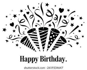 Happy Birthday Party Poppers Celebration Confetti Silhouette Art.