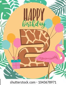 Happy Birthday party poster with cartoon animals and number two. Vector illustration