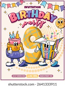 happy birthday party poster,9th birthday invitation with groovy characters cake and gift